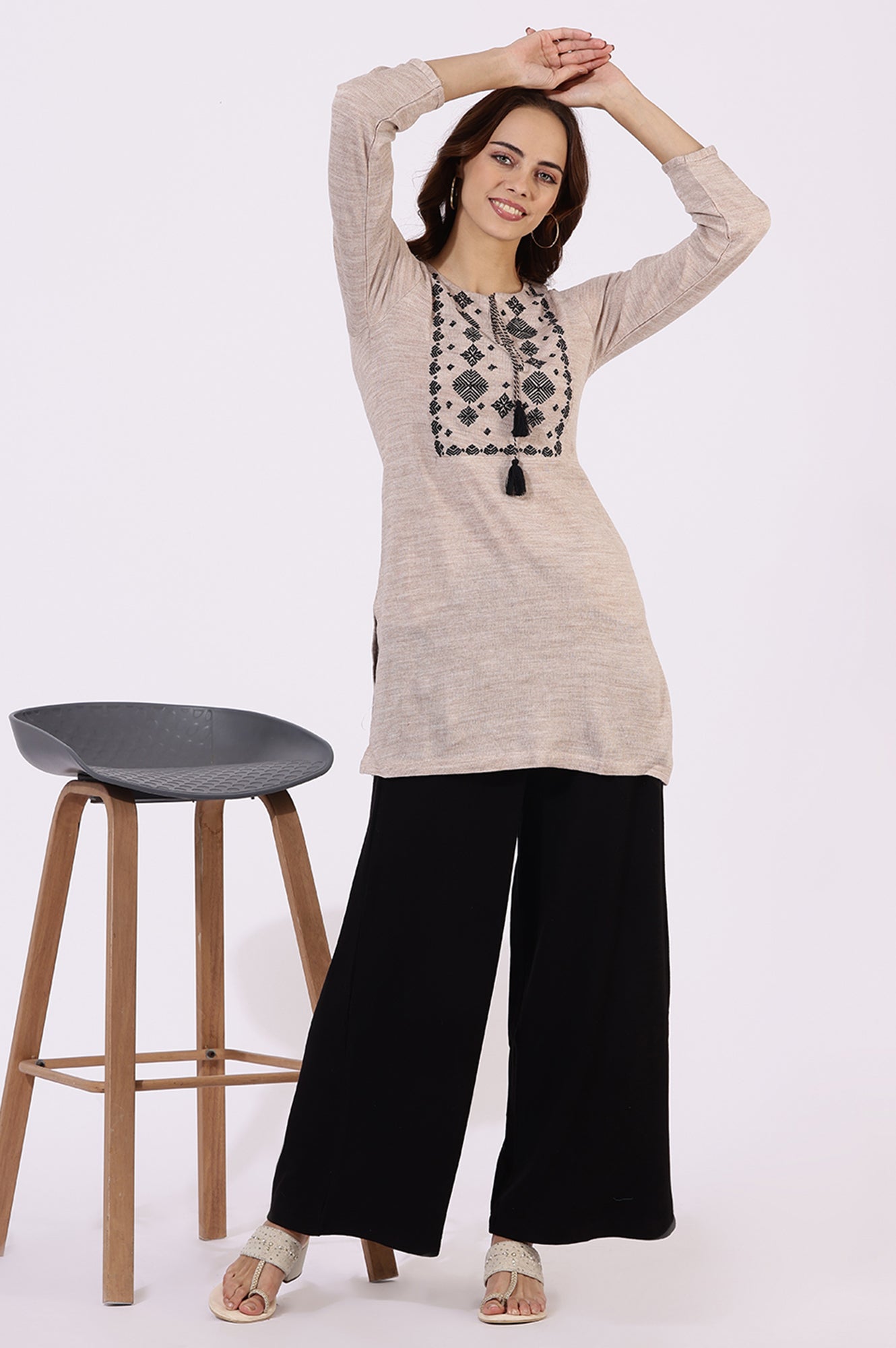 Off White Solid Thread Work Acrylic Straight Westernwear