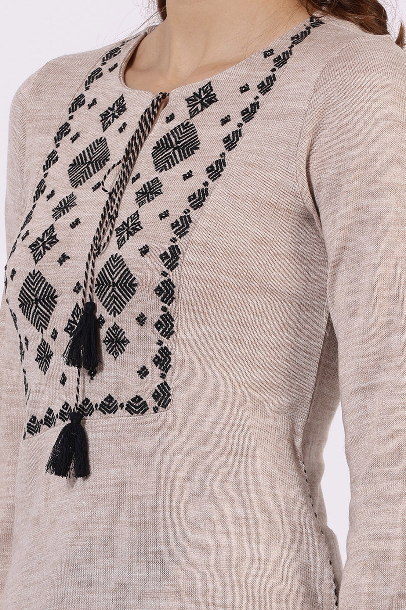 Off White Solid Thread Work Acrylic Straight Westernwear