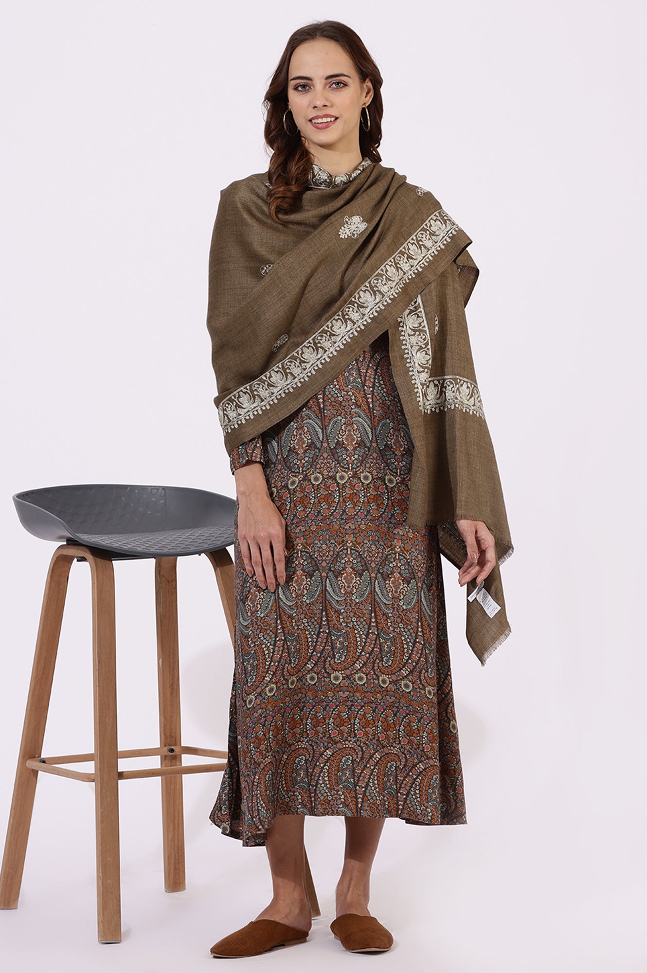 Brown Printed Thread Work Shawls &amp; Stole