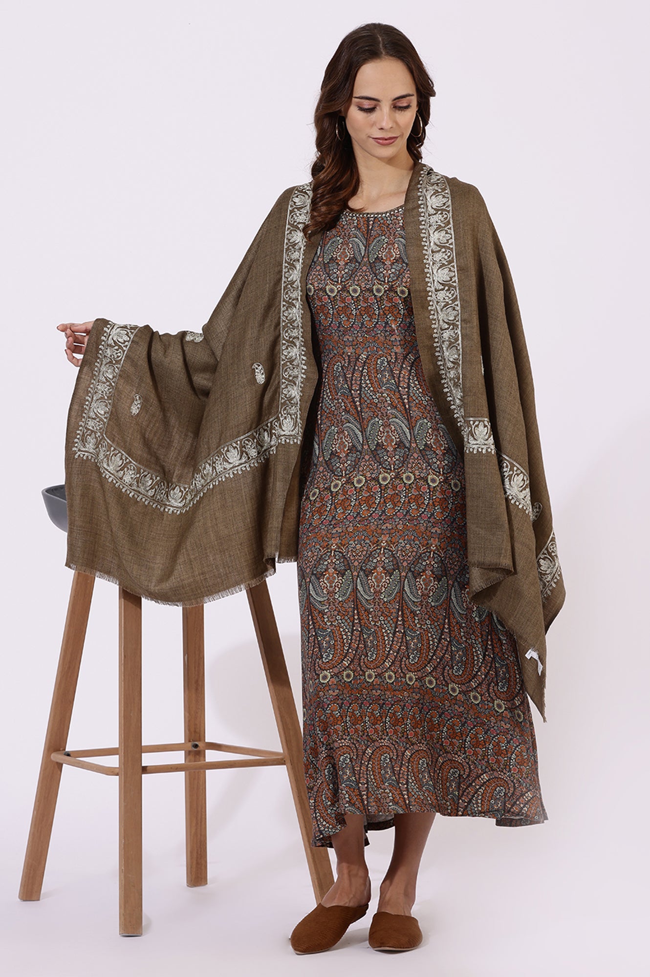 Brown Printed Thread Work Shawls &amp; Stole