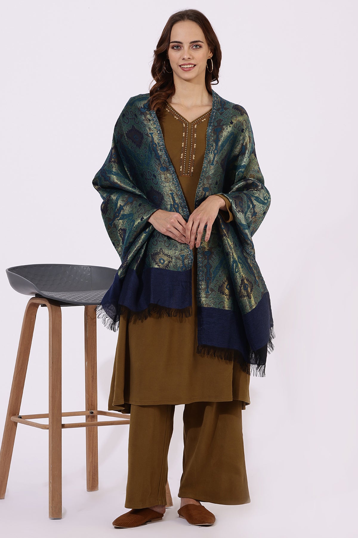 313255 Buy Blue Yarn Dyed Shawls & Stole Online for Woman | WforWoman