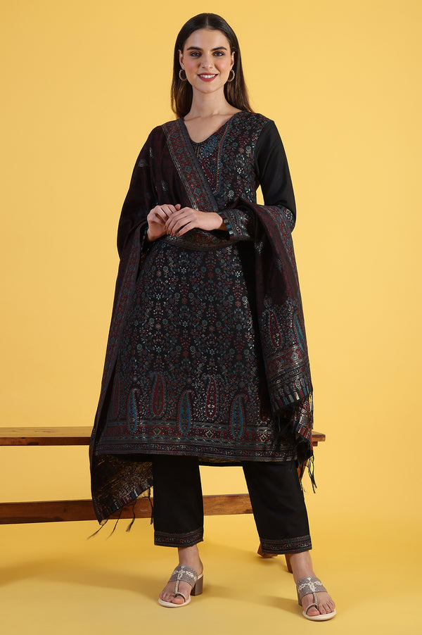 Black Yarn Dyed Sequins A-Line Kurta & Straight pant with Dupatta Set