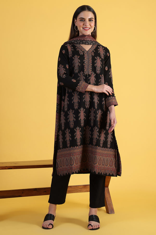 Black Yarn Dyed Sequins Straight Kurta & Straight pant with Dupatta Set