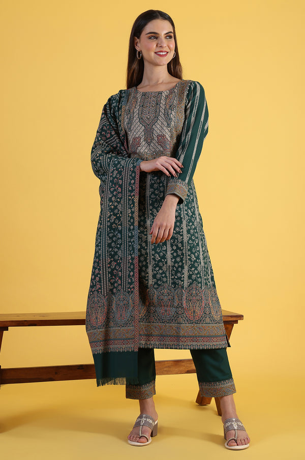 Green Yarn Dyed Sequins Straight Kurta & Straight pant with Dupatta Set