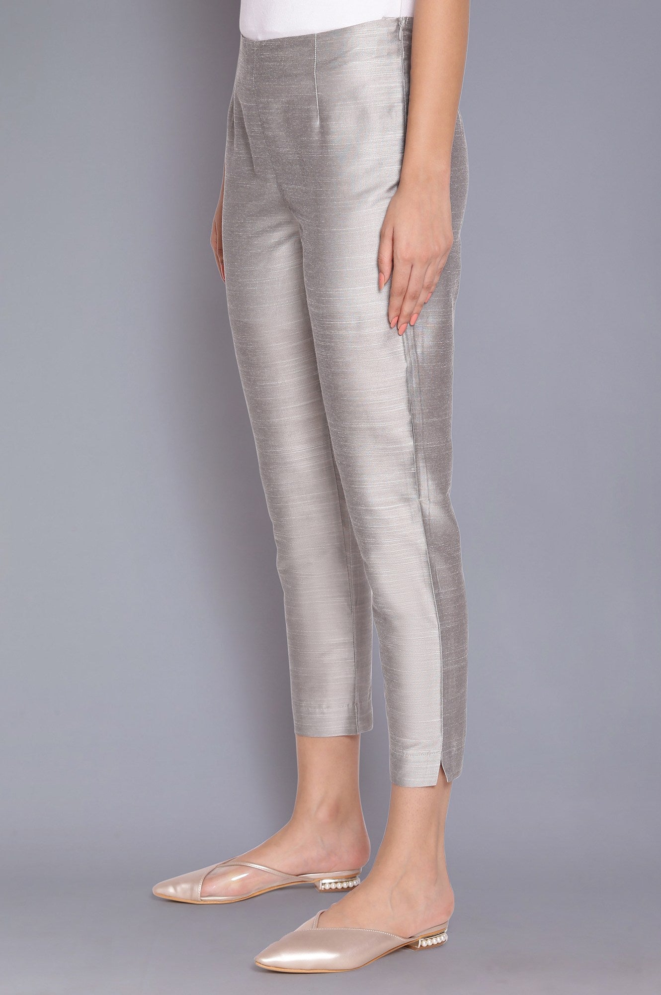 White Embroidered And Silver Fitted Pants Combo - wforwoman