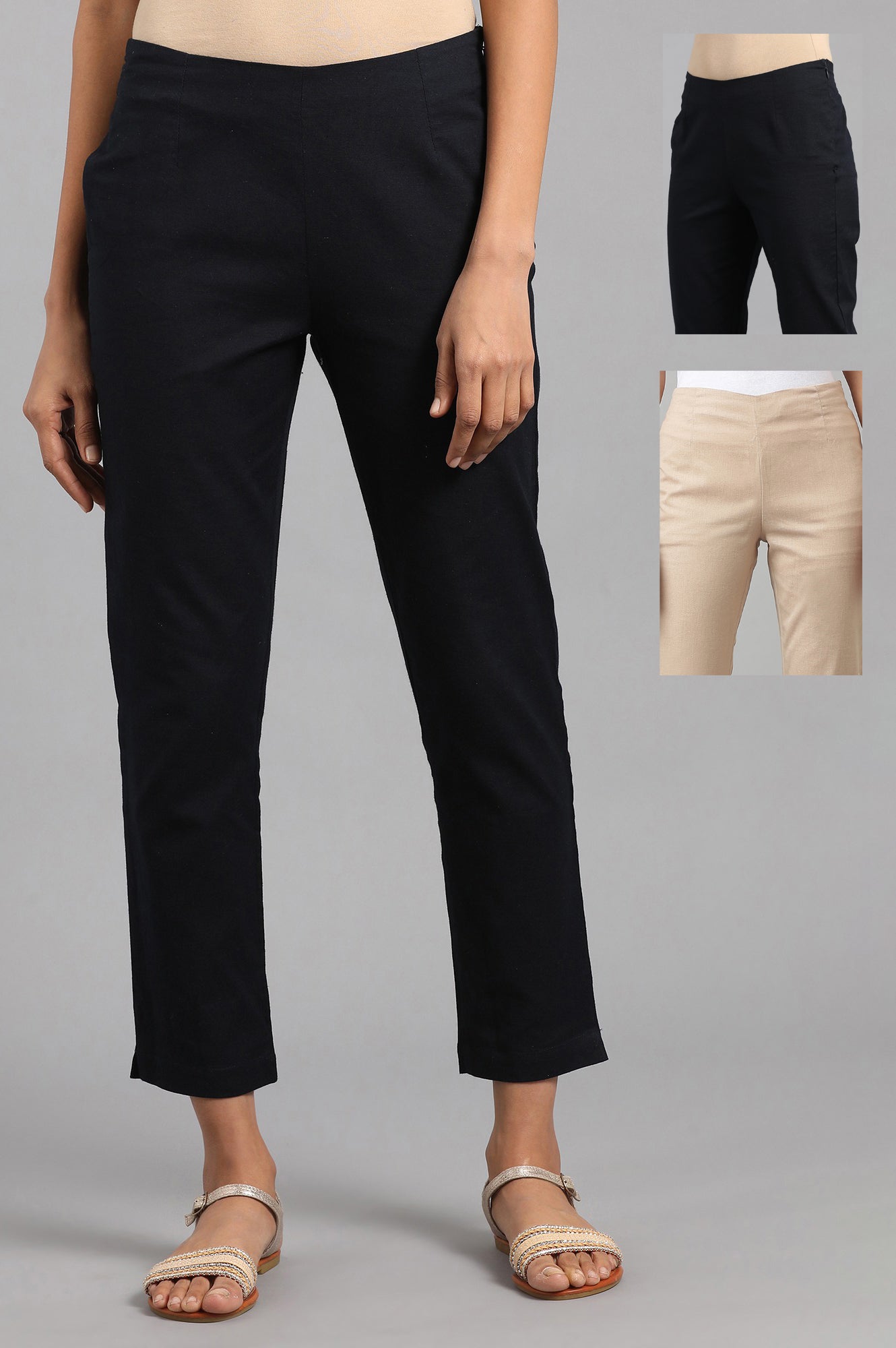 Beige Slim Pants And Black Trousers Combo - wforwoman