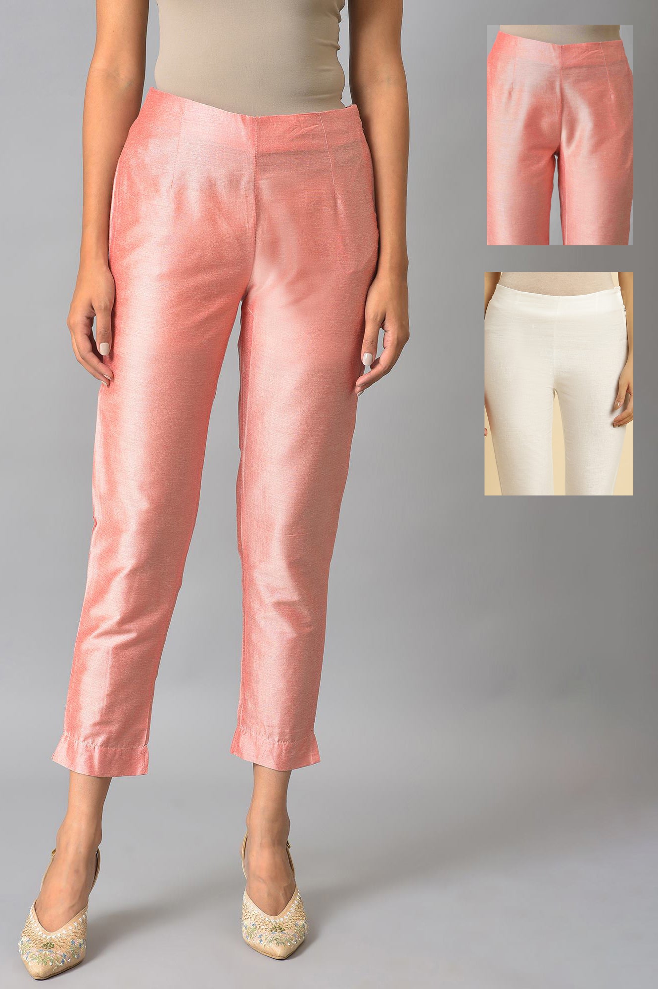 Peach And Embroidered White Slim Pants Combo - wforwoman