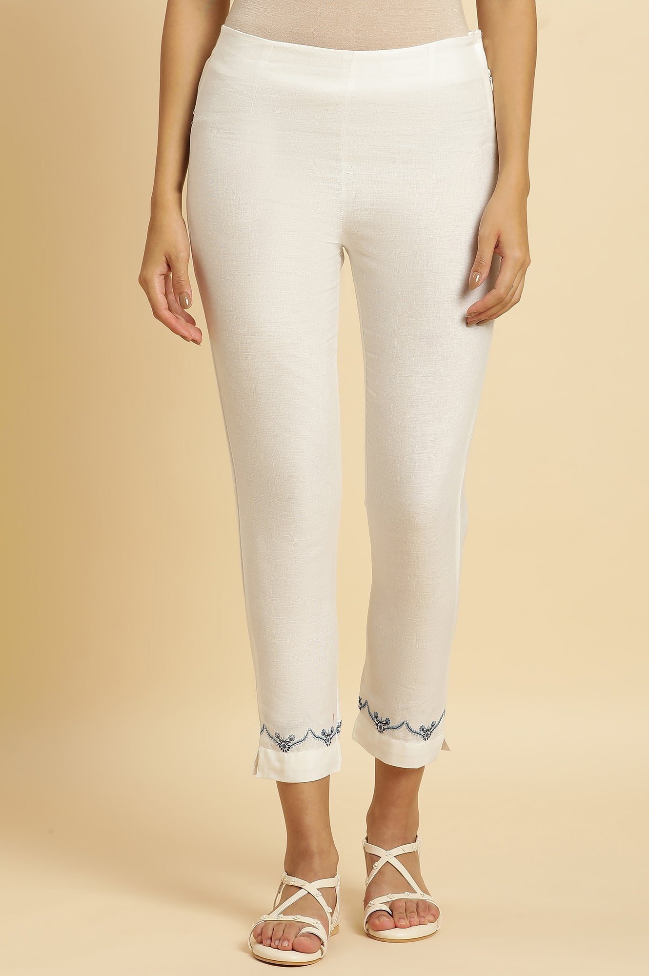 Peach And Embroidered White Slim Pants Combo - wforwoman