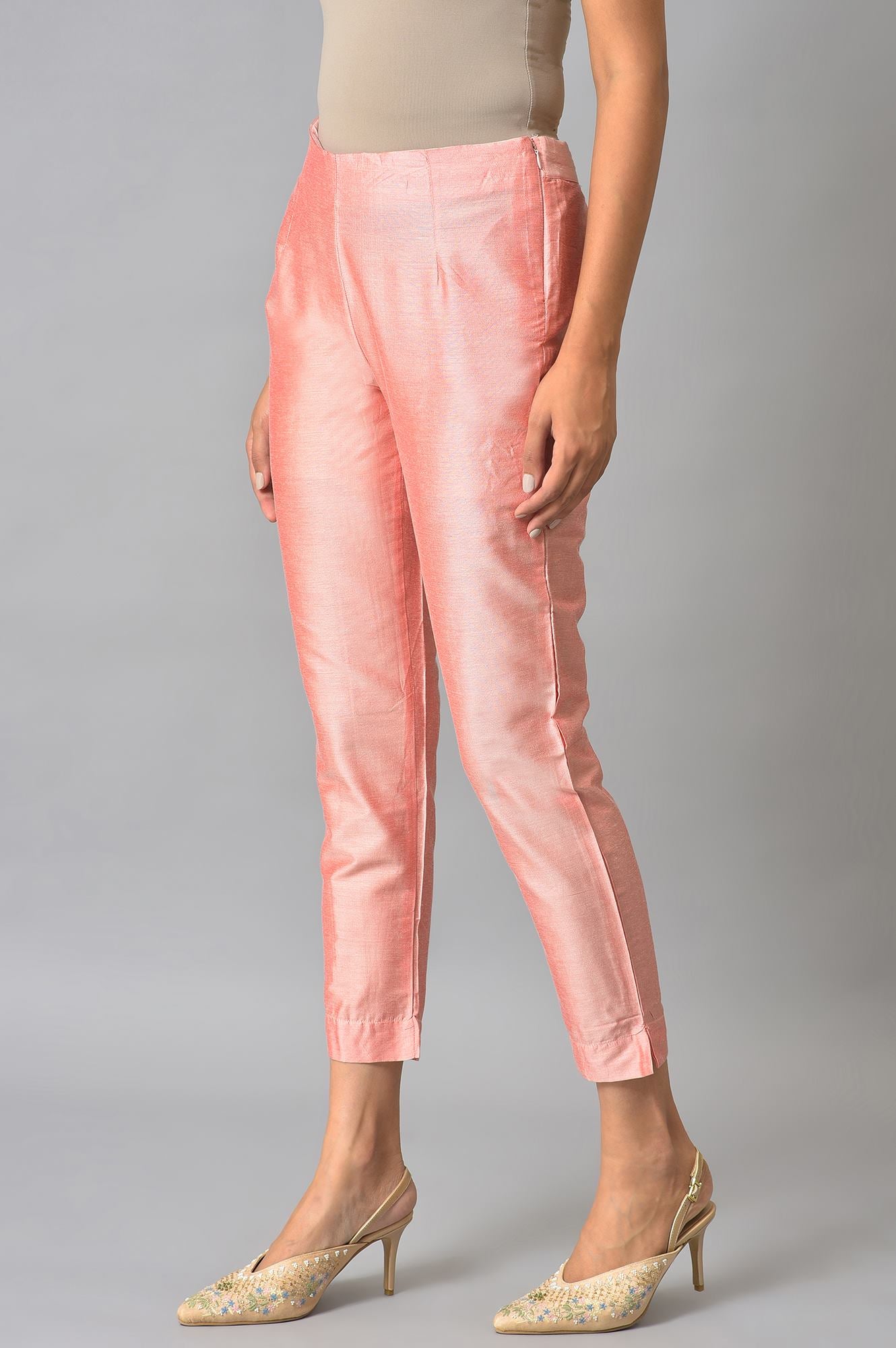 Peach And Embroidered White Slim Pants Combo - wforwoman