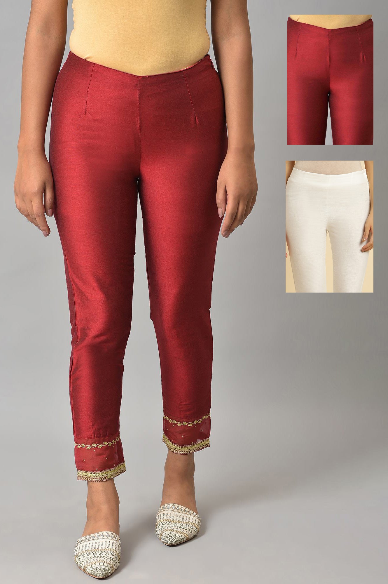 Embroidered Red And White Slim Pants Combo - wforwoman