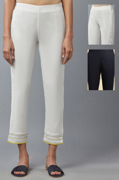 Blue And White Cotton Flax Slim Pants Combo - wforwoman