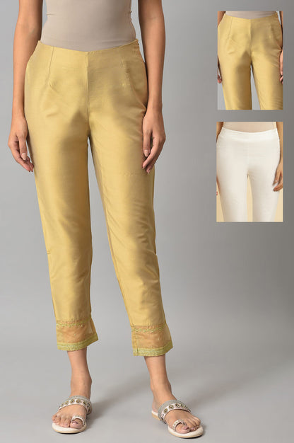 Embroidered Golden And White Slim Pants Combo - wforwoman