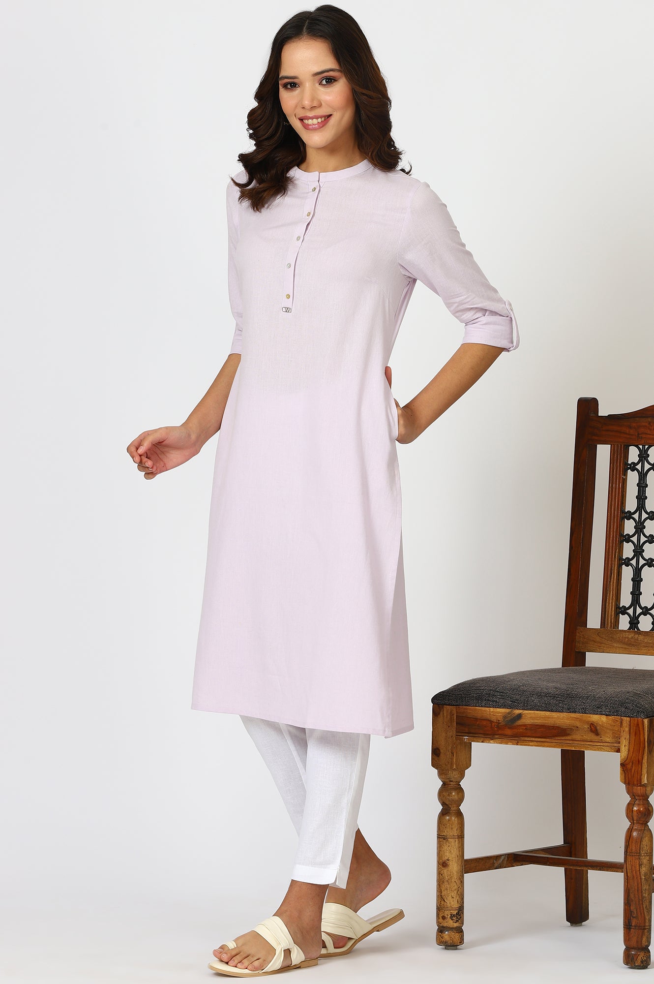 Lilac Mandarin Collar Cotton Blend Straight Kurta