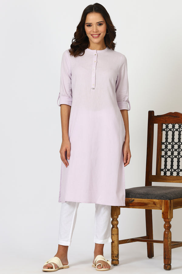Lilac Mandarin Collar Cotton Blend Straight Kurta With W Branding