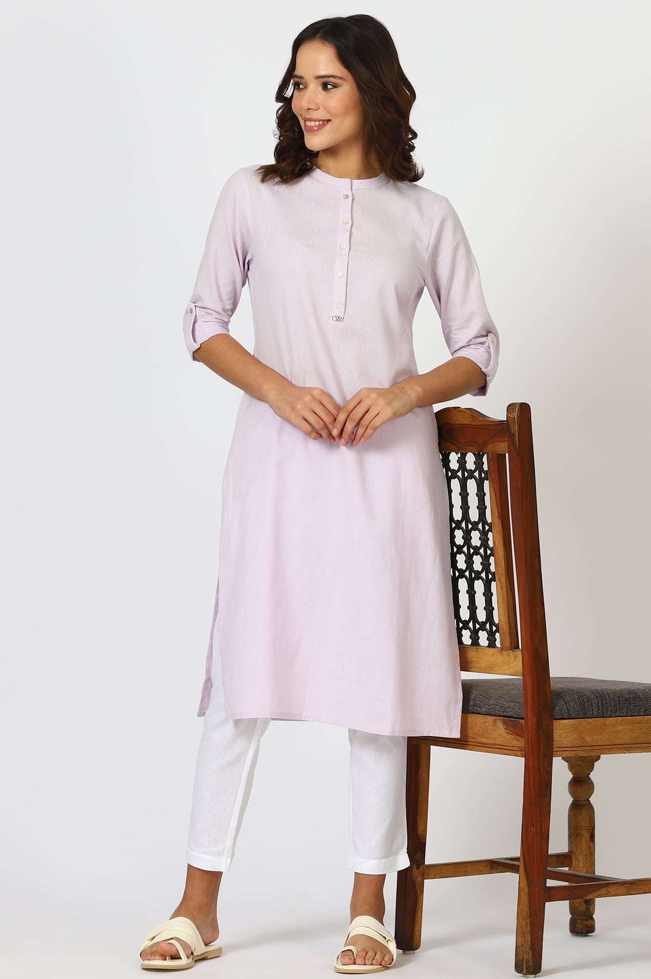 Lilac Mandarin Collar Cotton Blend Straight Kurta