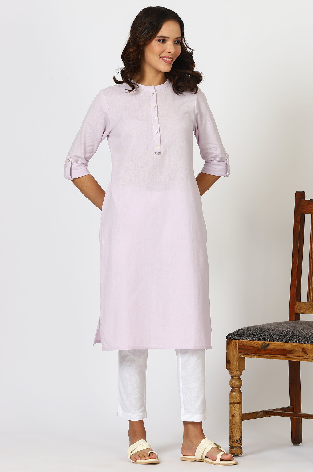 Lilac Mandarin Collar Cotton Blend Straight Kurta