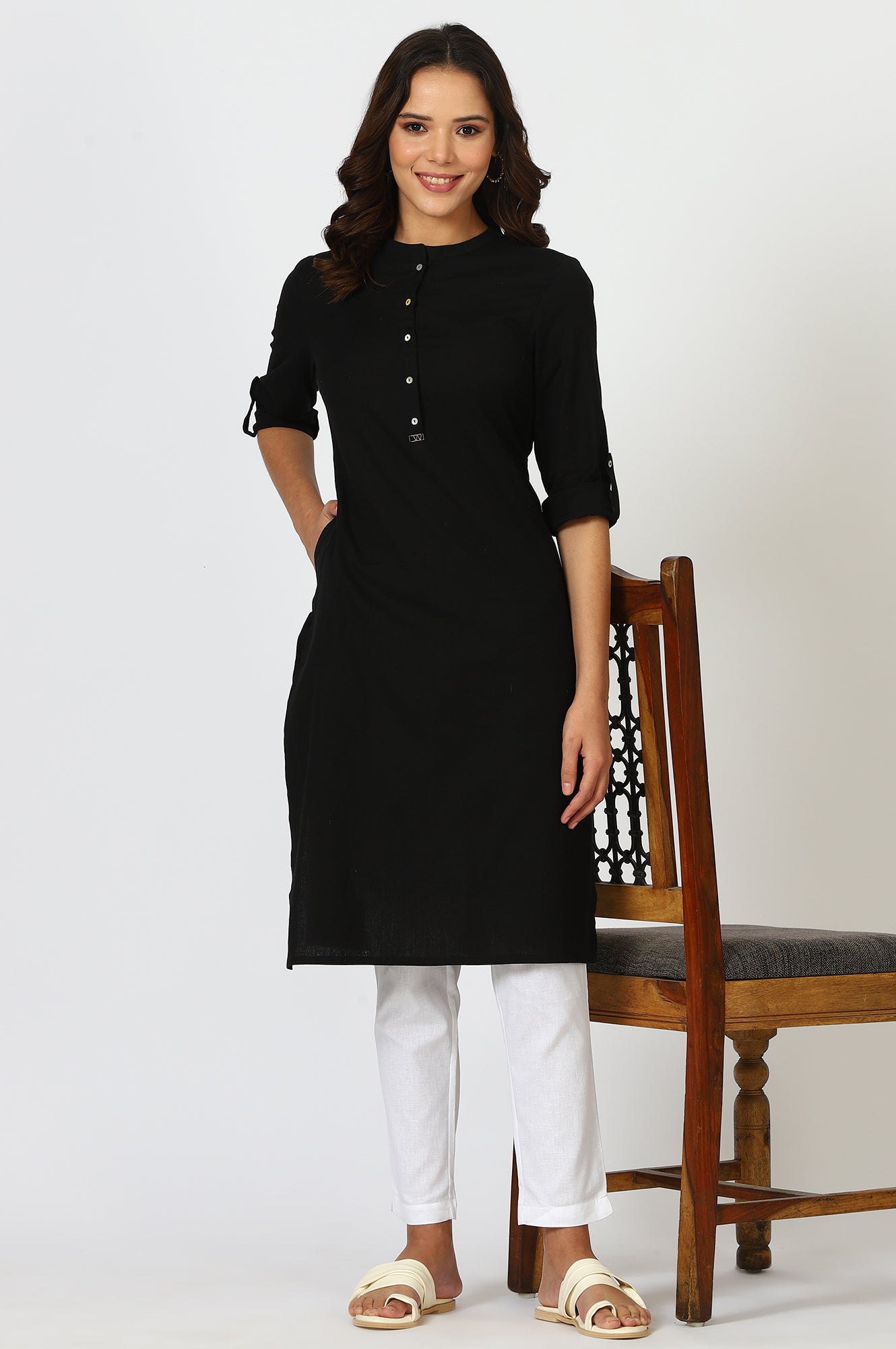 Black Mandarin Collar Cotton Blend Straight Kurta