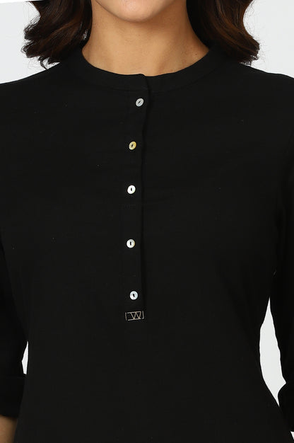 Black Mandarin Collar Cotton Blend Straight Kurta