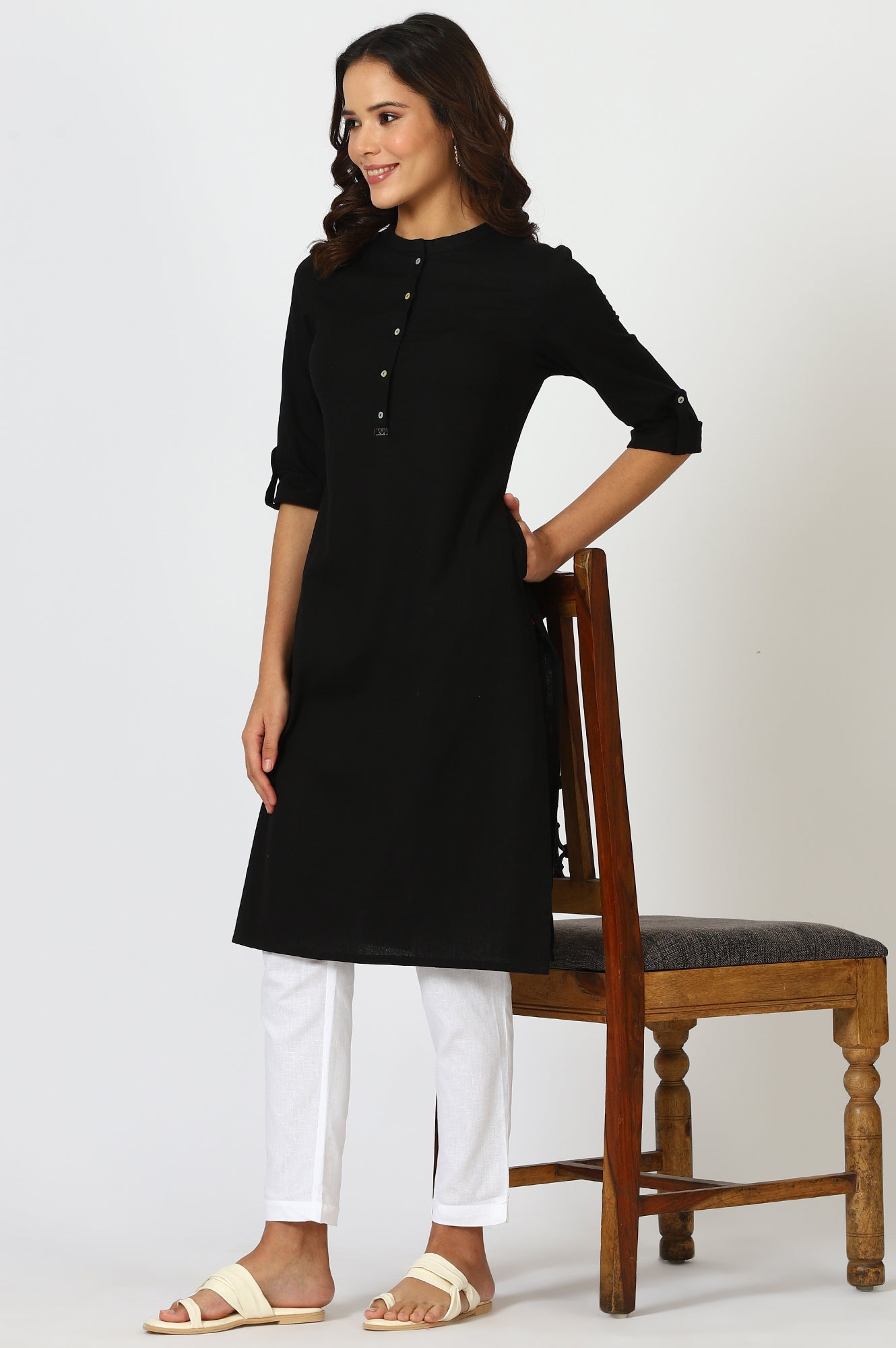 Black Mandarin Collar Cotton Blend Straight Kurta