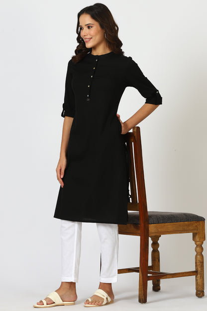 Black Mandarin Collar Cotton Blend Straight Kurta