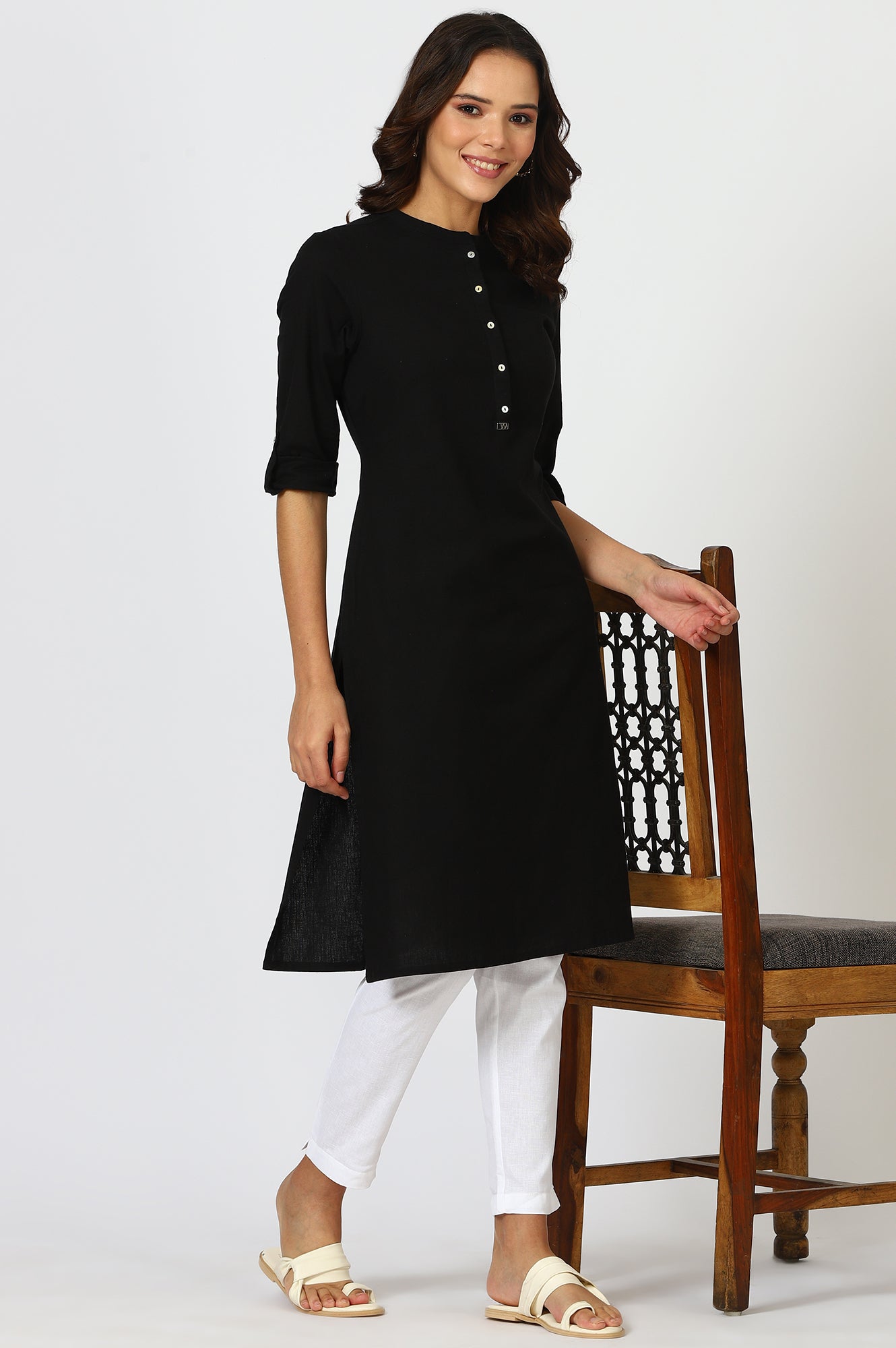 Black Mandarin Collar Cotton Blend Straight Kurta