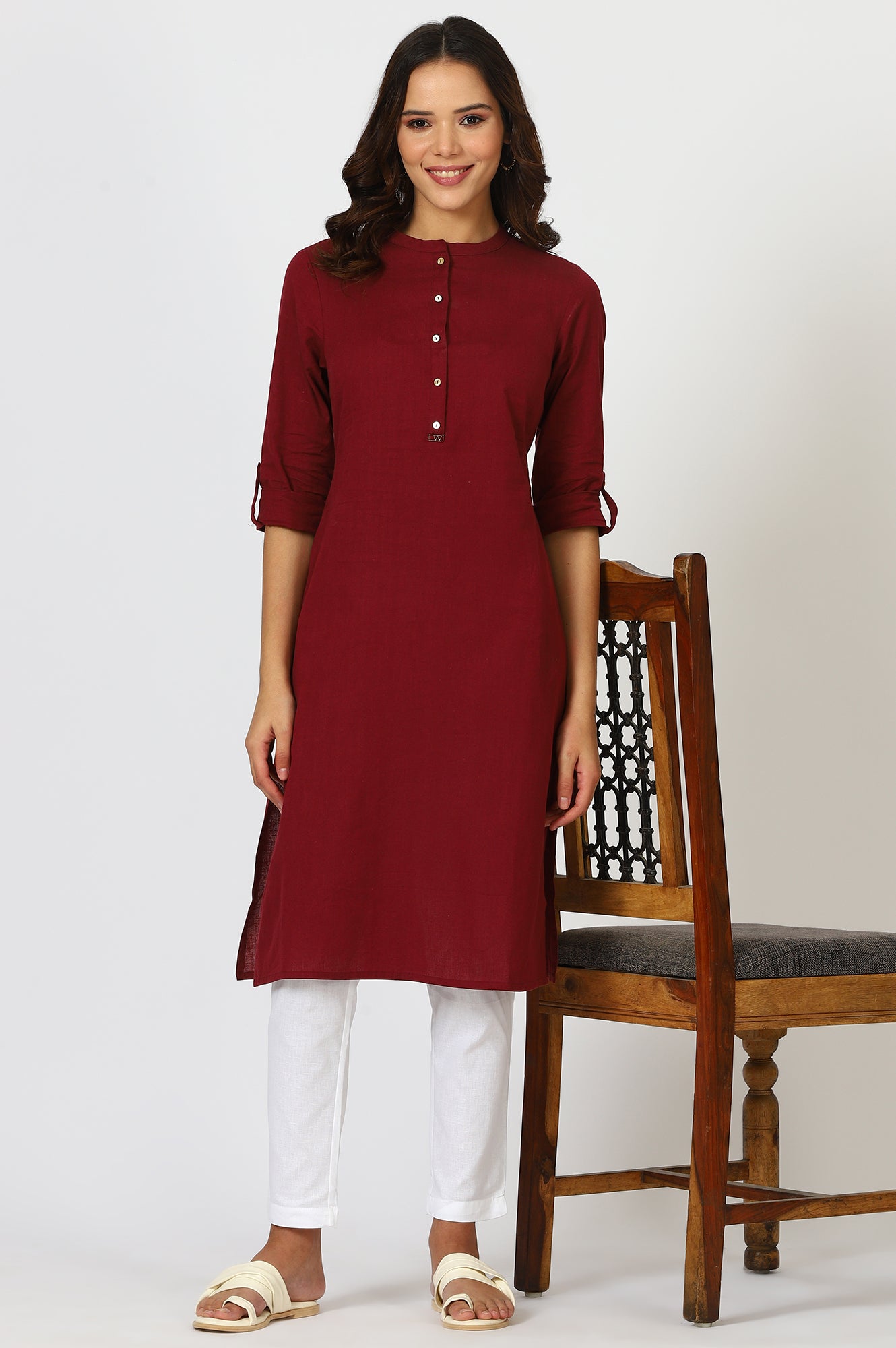 Maroon Mandarin Collar Cotton Blend Straight Kurta