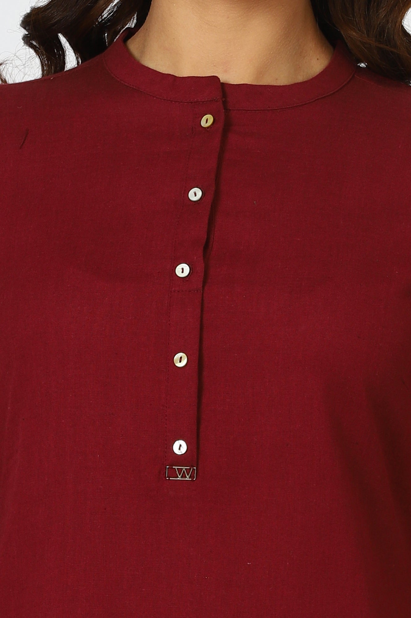 Maroon Mandarin Collar Cotton Blend Straight Kurta