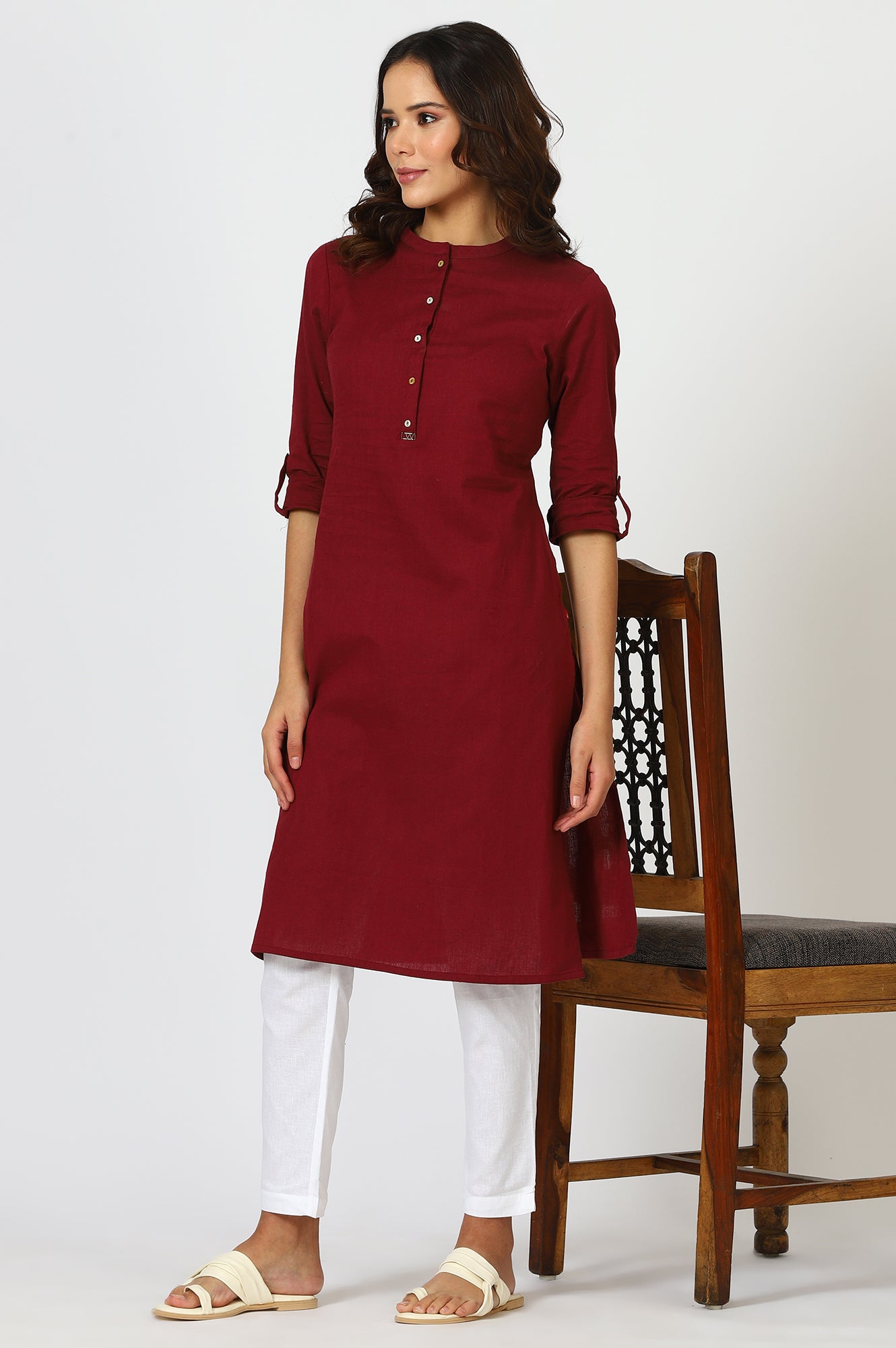 Maroon Mandarin Collar Cotton Blend Straight Kurta