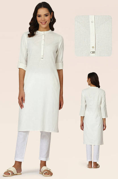 White Mandarin Collar Cotton Blend Straight Kurta With W Branding