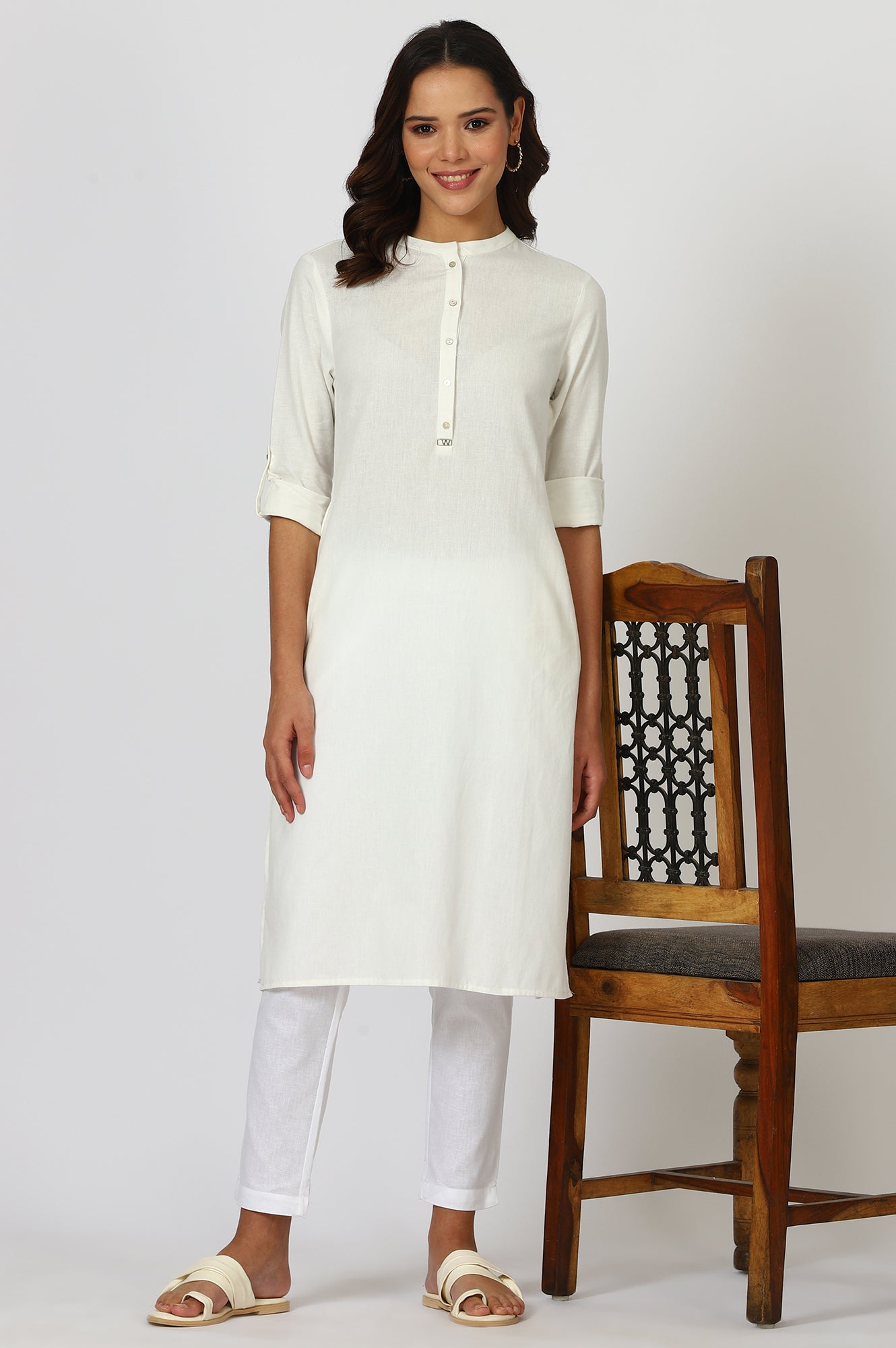 White Mandarin Collar Cotton Blend Straight Kurta