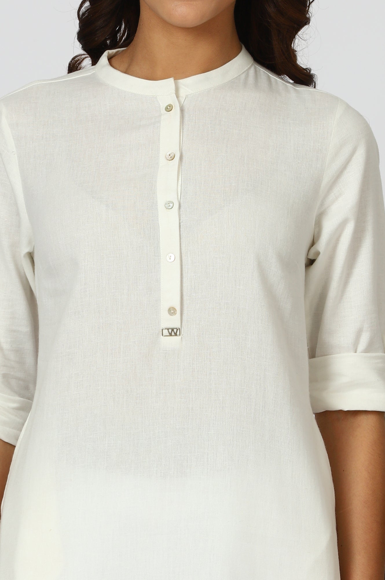 White Mandarin Collar Cotton Blend Straight Kurta