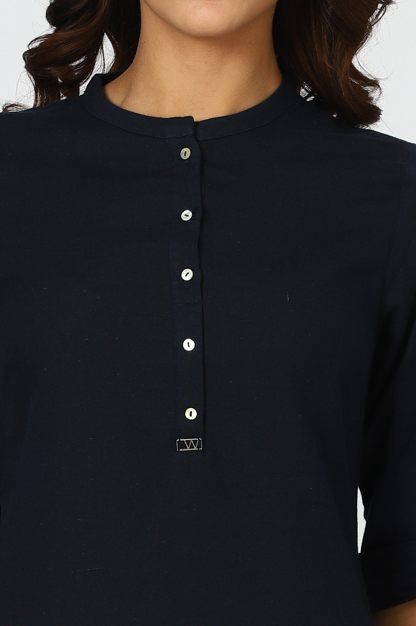 Navy Blue Mandarin Collar Cotton Blend Straight Kurta