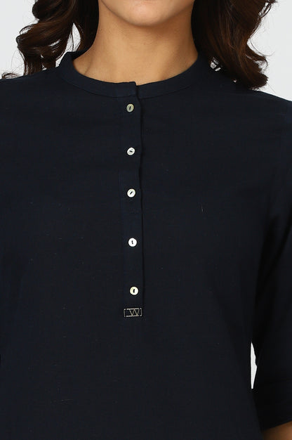 Navy Blue Mandarin Collar Cotton Blend Straight Kurta