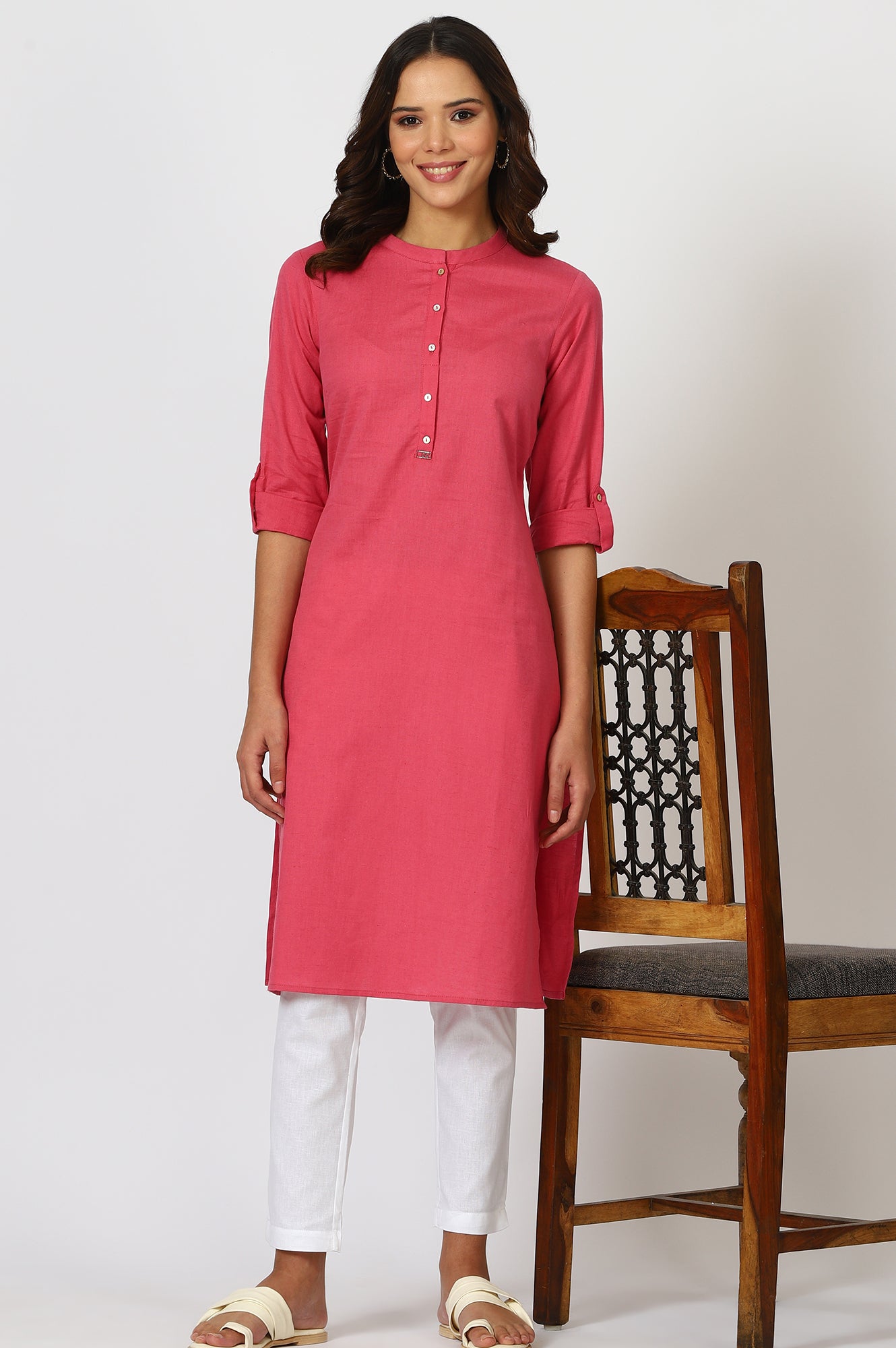 Pink Mandarin Collar Cotton Blend Straight Kurta