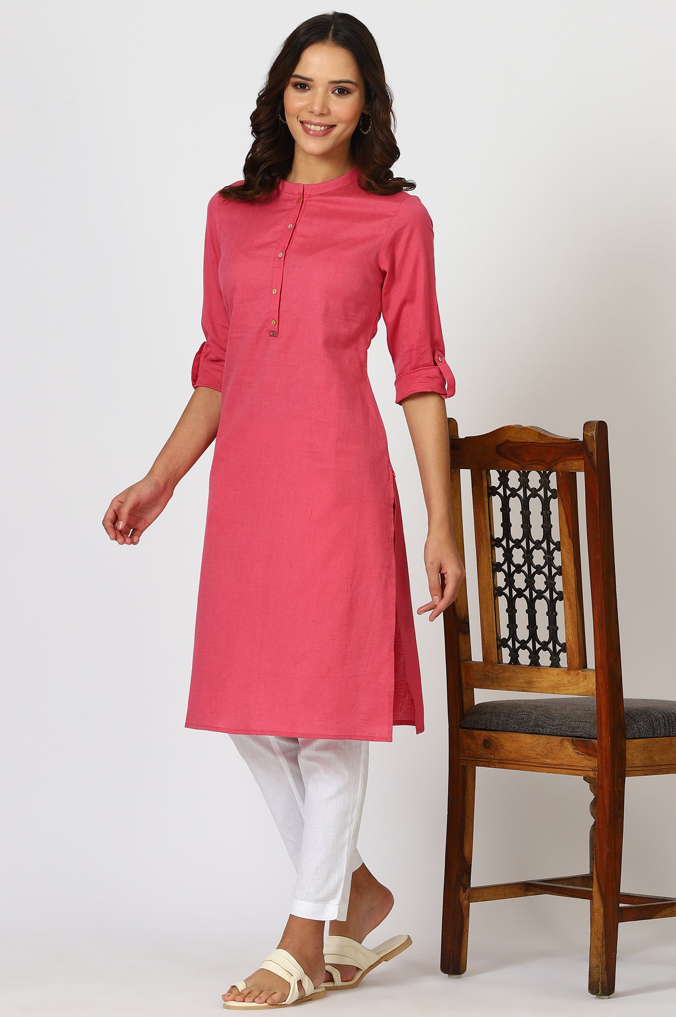 Pink Mandarin Collar Cotton Blend Straight Kurta