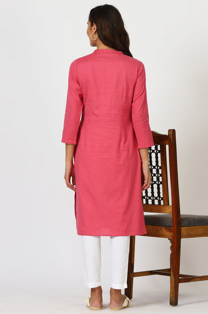 Pink Mandarin Collar Cotton Blend Straight Kurta