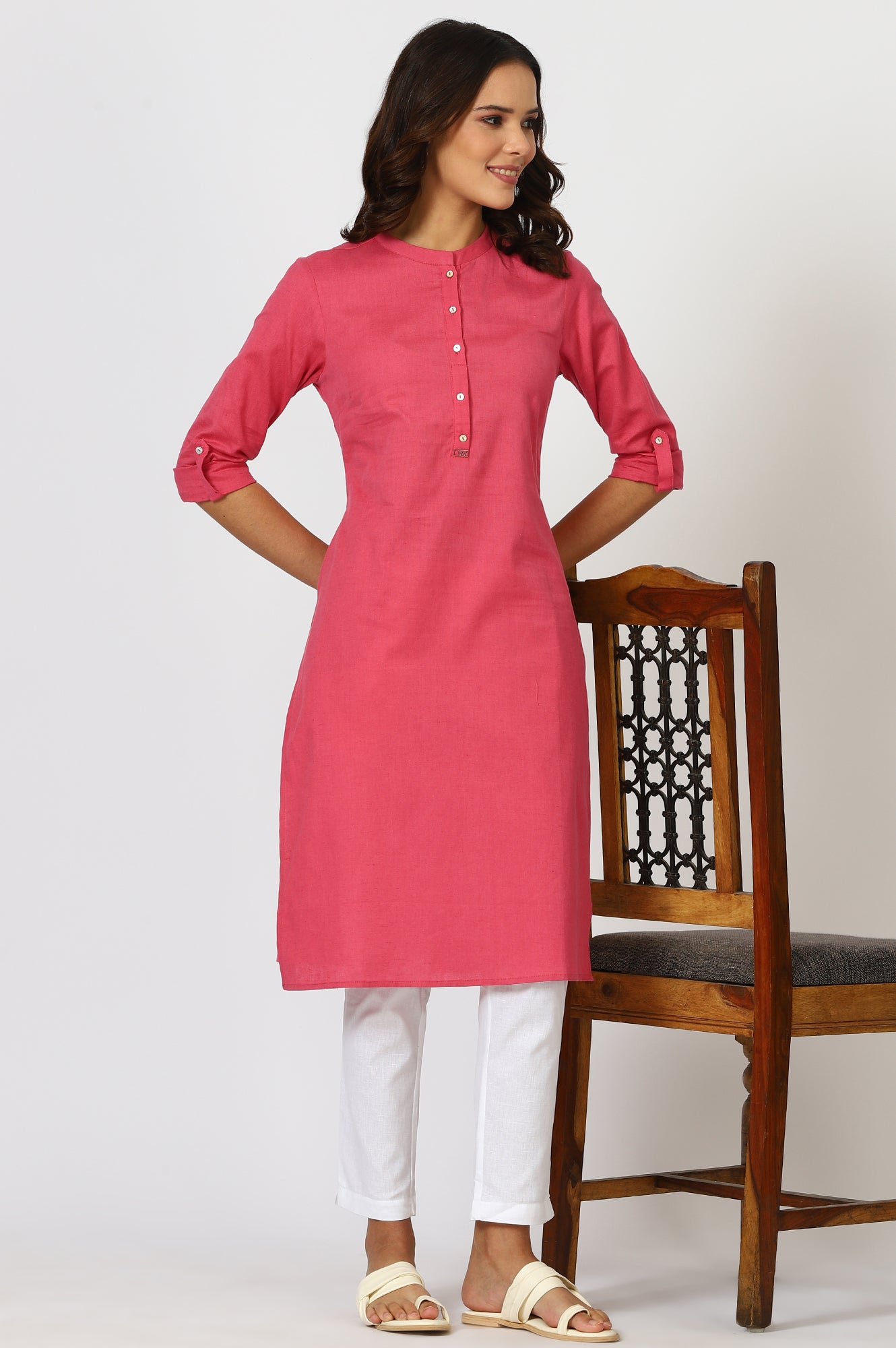 Pink Mandarin Collar Cotton Blend Straight Kurta