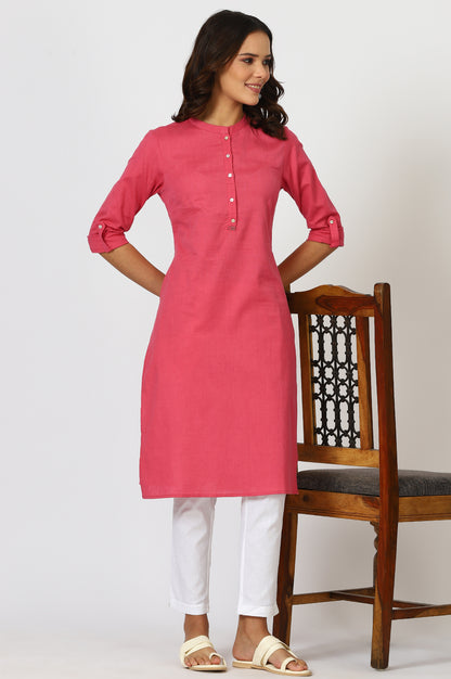 Pink Mandarin Collar Cotton Blend Straight Kurta