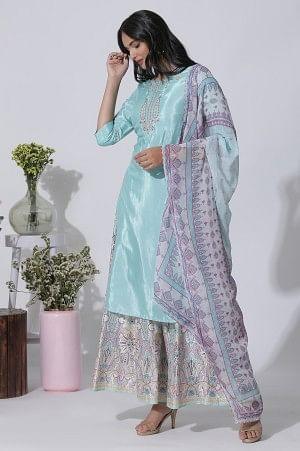 Blue Embroidered Shantung Kurta, Printed Culottes And Dupatta Set - wforwoman