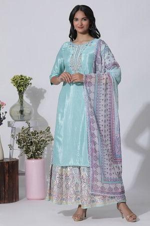 Blue Embroidered Shantung Kurta, Printed Culottes And Dupatta Set - wforwoman