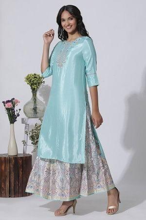 Blue Embroidered Shantung Kurta, Printed Culottes And Dupatta Set - wforwoman