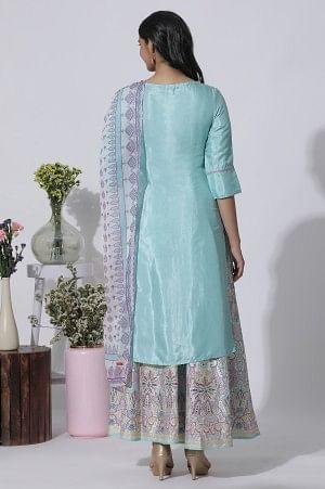 Blue Embroidered Shantung Kurta, Printed Culottes And Dupatta Set - wforwoman