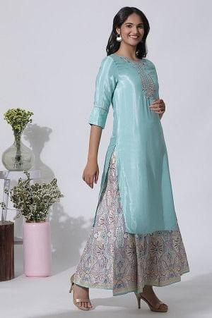 Blue Embroidered Shantung Kurta, Printed Culottes And Dupatta Set - wforwoman