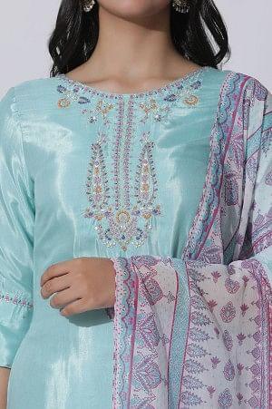 Blue Embroidered Shantung Kurta, Printed Culottes And Dupatta Set - wforwoman