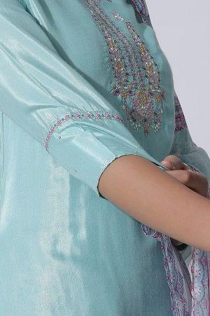 Blue Embroidered Shantung Kurta, Printed Culottes And Dupatta Set - wforwoman