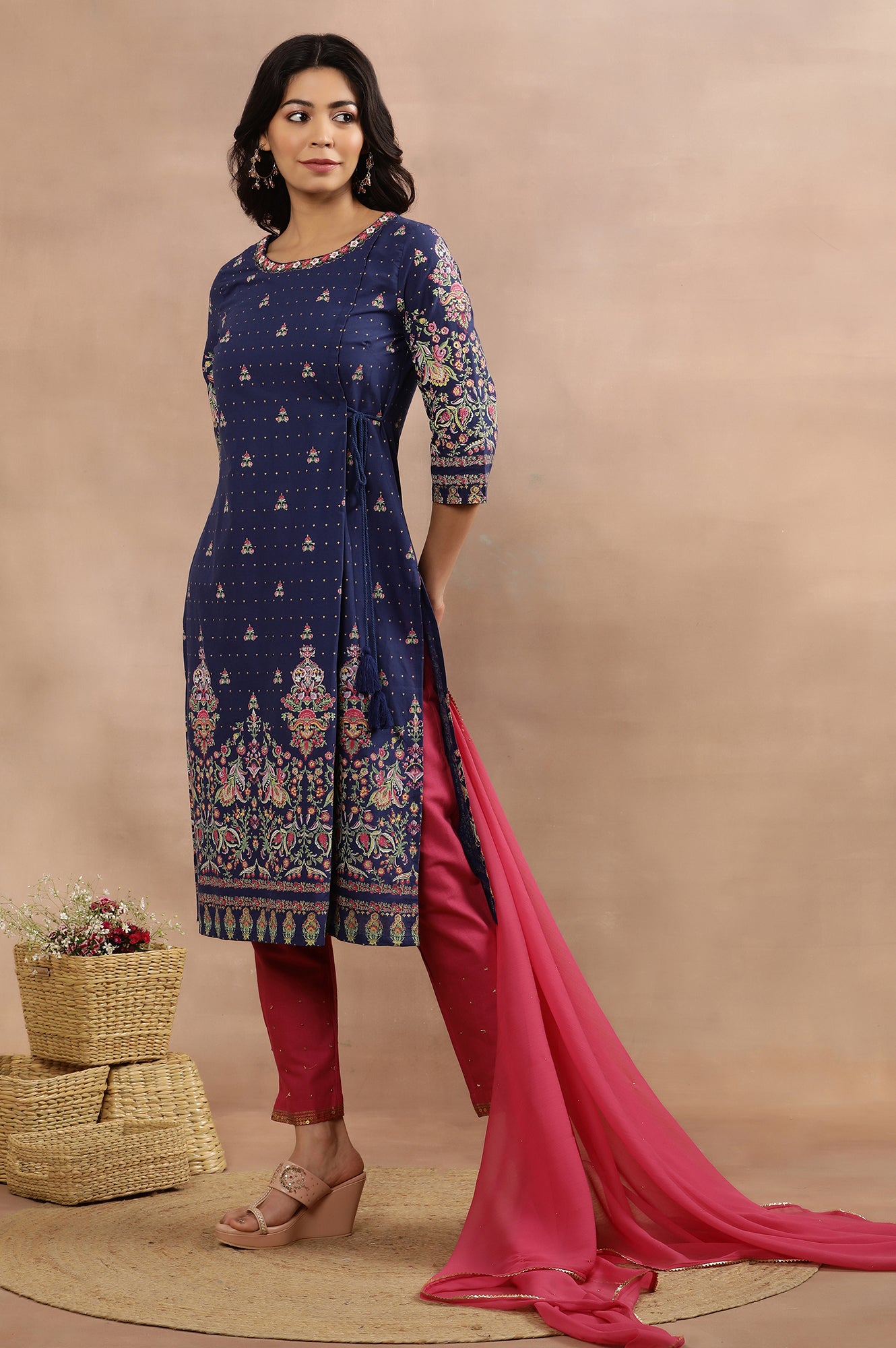 Blue Embroidered Kurta, Pants And Dupatta Set