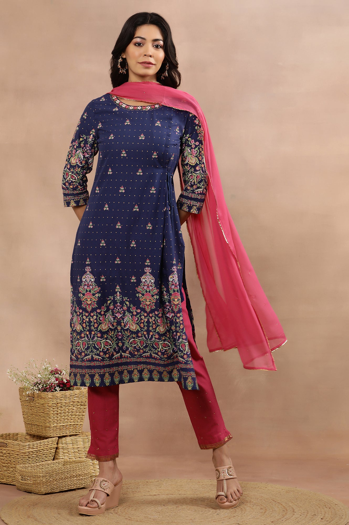 Blue Embroidered Kurta, Pants And Dupatta Set