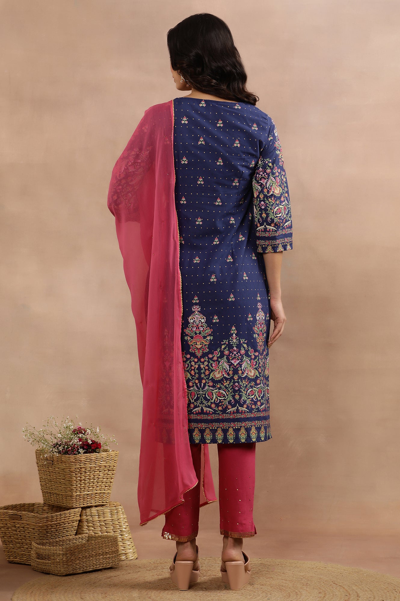 Blue Embroidered Kurta, Pants And Dupatta Set