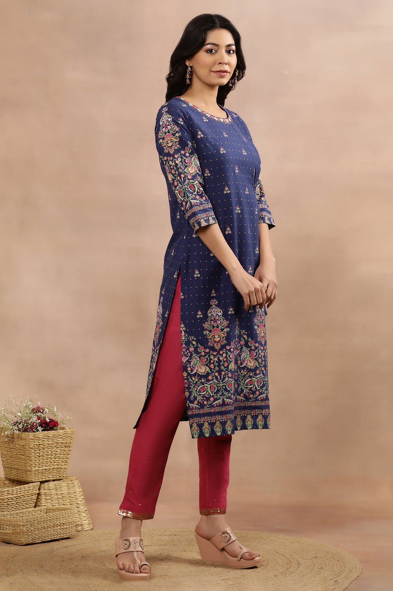 Blue Embroidered Kurta, Pants And Dupatta Set