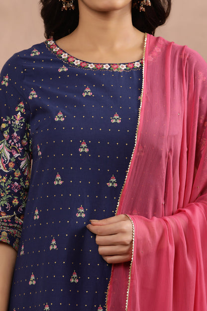 Blue Embroidered Kurta, Pants And Dupatta Set